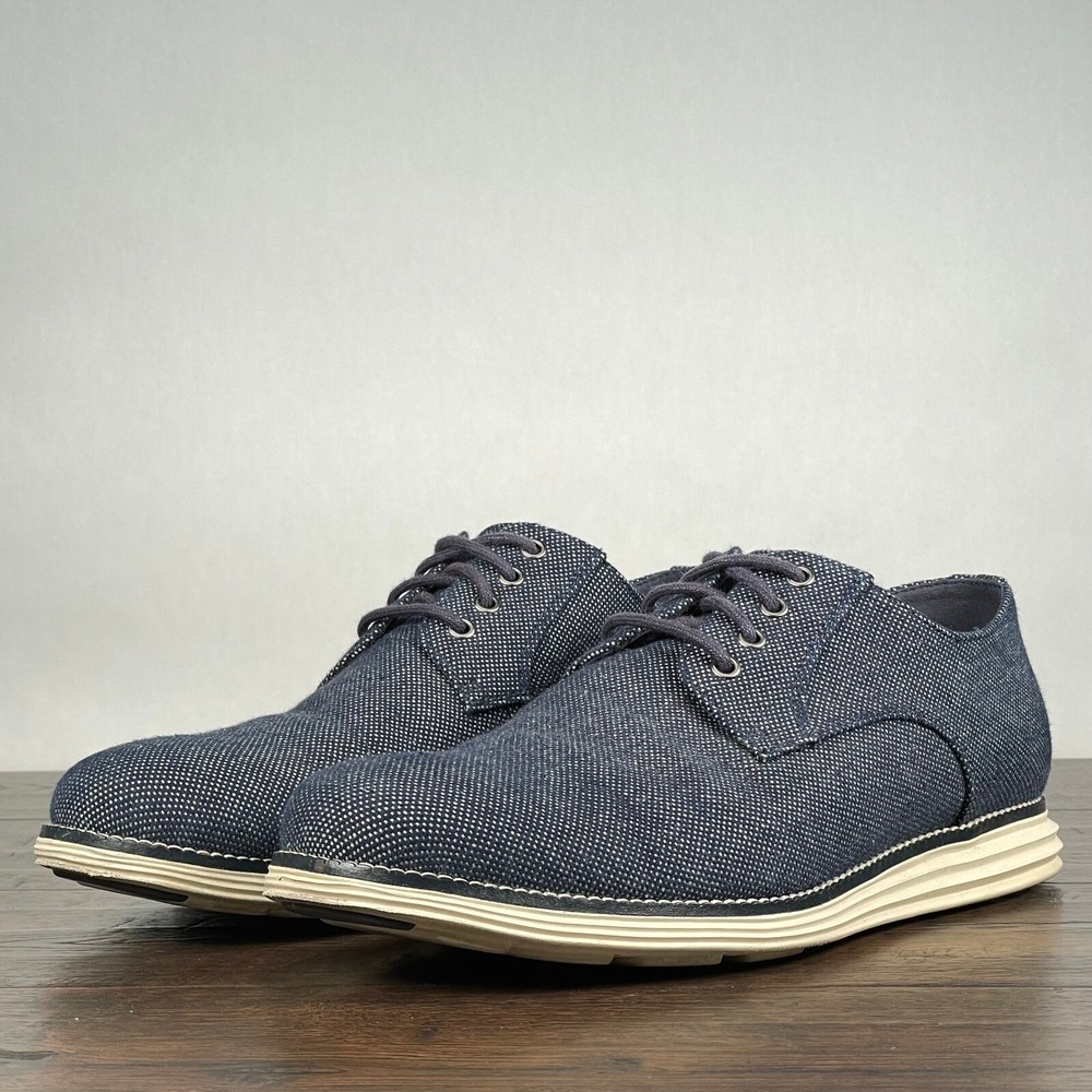 Cole Haan Original Grand Mens 10 Blue Canvas Plain Toe Oxford Derby Shoes Work